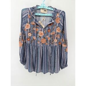 Savanna Jane Blue Floral Embroidered Striped Peasant Blouse Small NWT Boho